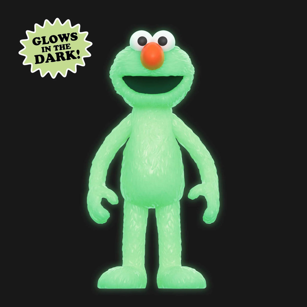 Glowing green Sesame Street character with a red nose on a black background