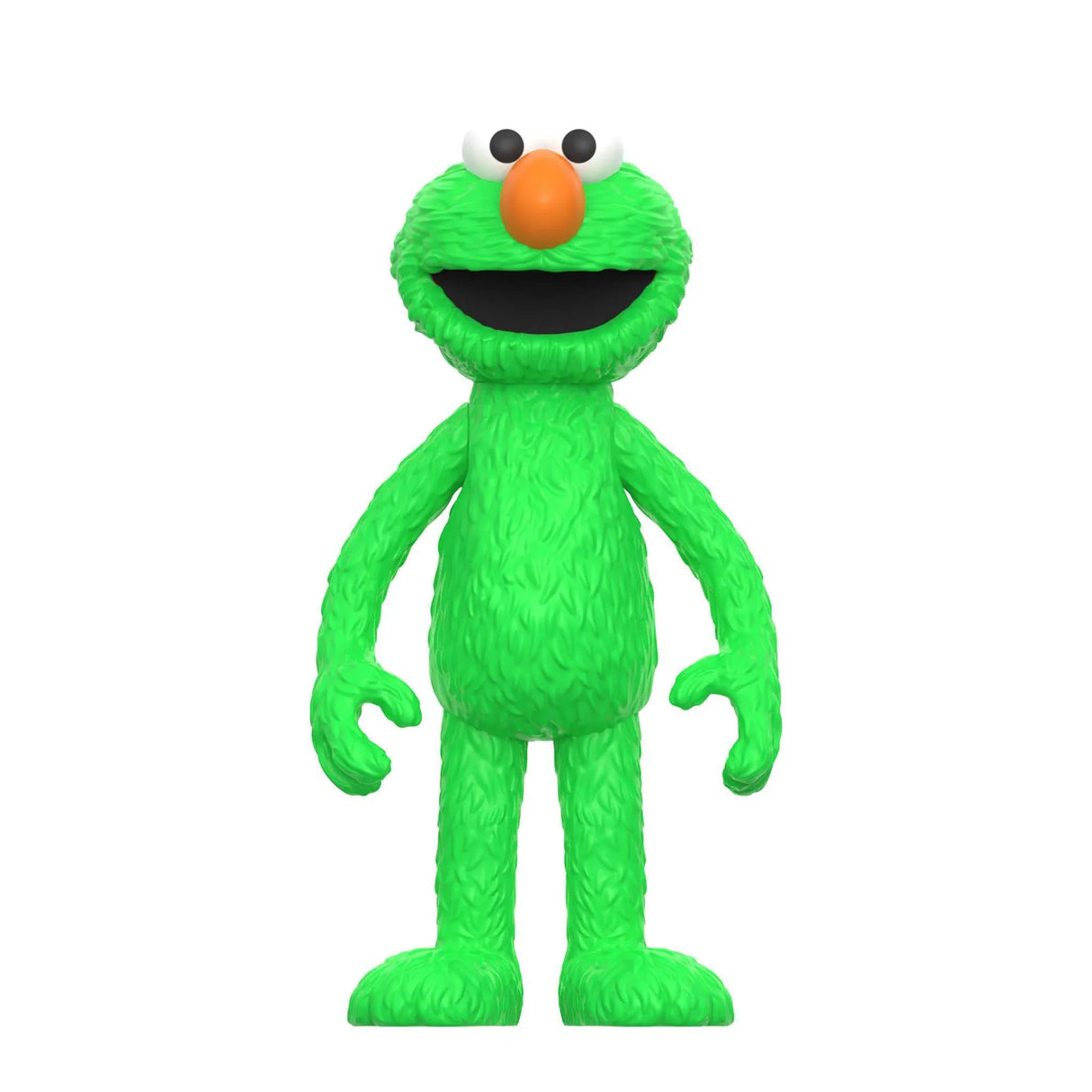 Green plush toy with an orange nose on a white background