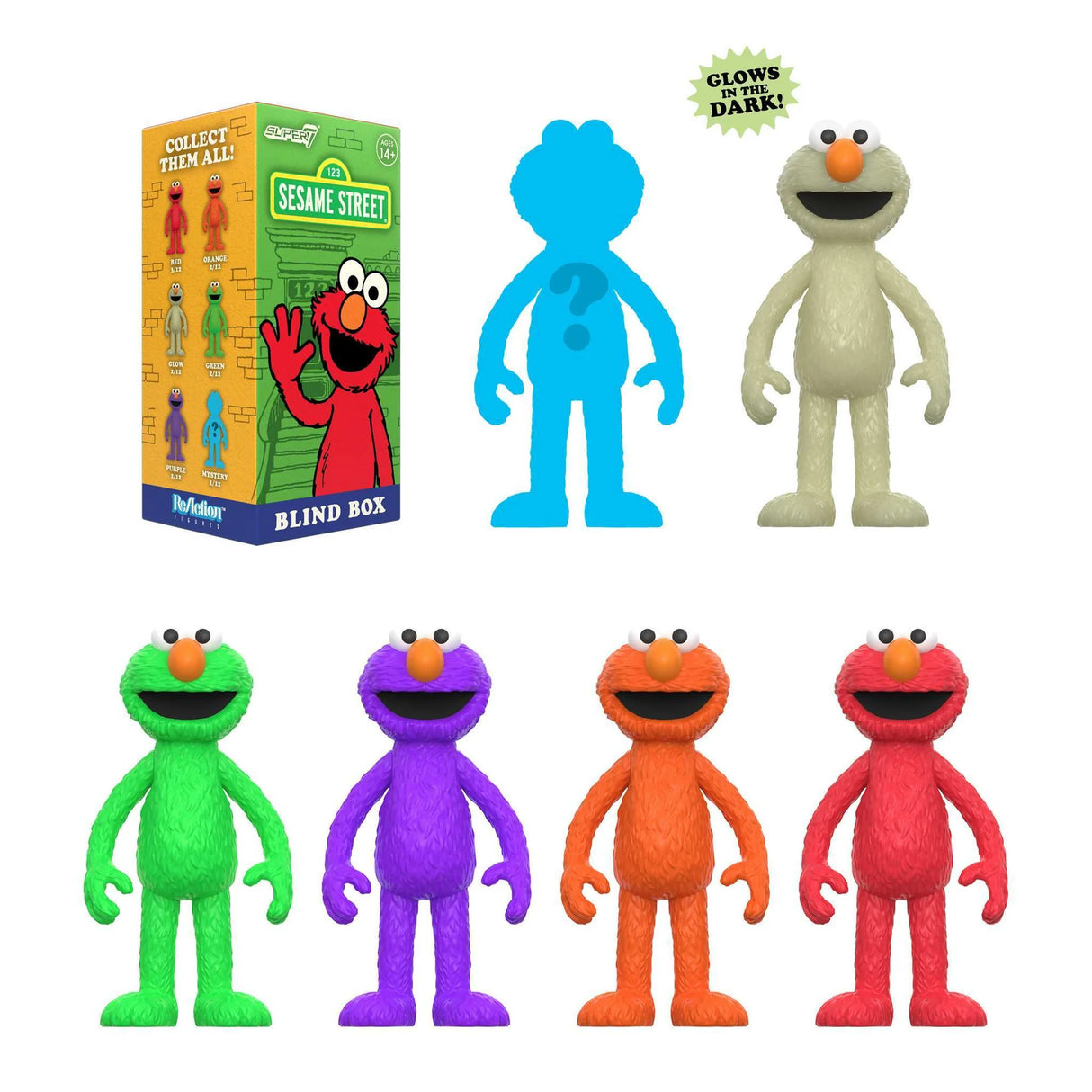 Sesame Street figures including Elmo and a blind box packaging on a white background