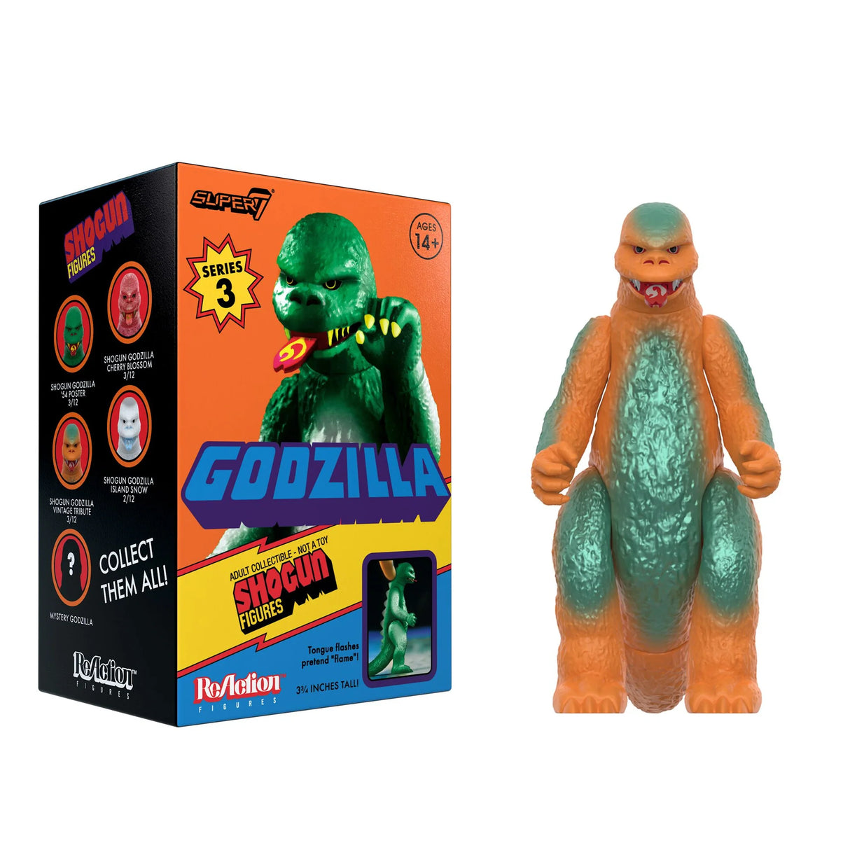 Toy figure of Godzilla next to its packaging on a white background