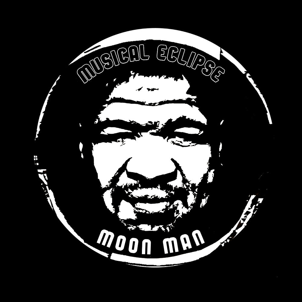 Circular logo with a face in the center and 'Musical Eclipse Moon Man' text around it on a black background.