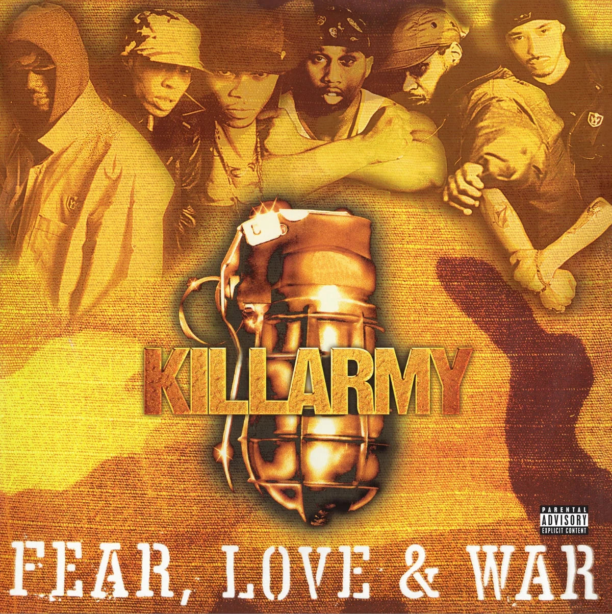 Album cover for Killarmy's 'Fear, Love & War' featuring a central metallic grenade graphic over a sepia-toned background with band members at the top and white title text at the bottom.