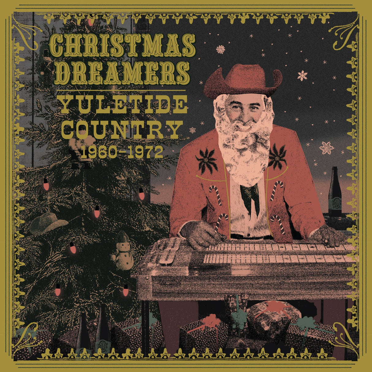 Album cover with a person playing keyboard, Christmas tree, and text 'Christmas Dreamers Yuletide Country 1960-1972'.