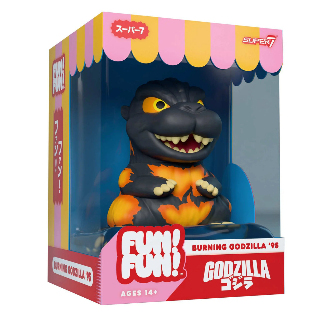 Toy figure of Godzilla in a colorful box with branding