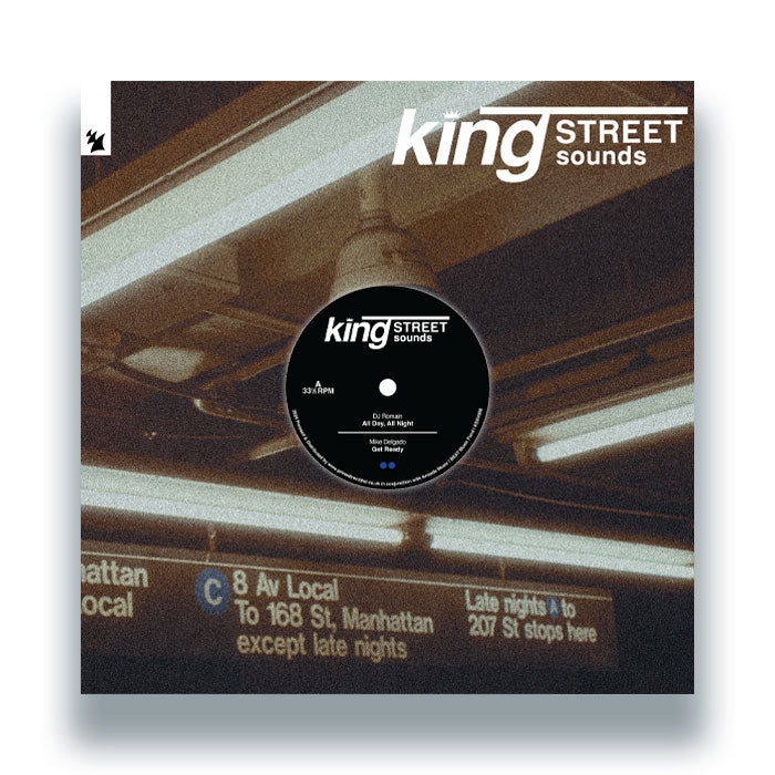Vinyl record with 'king STREET sounds' branding over a subway station background