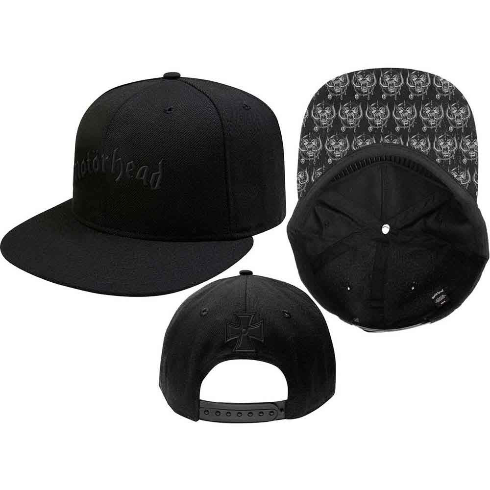 Black cap with 'Motorhead' logo and skull pattern on the back, displayed from front, side, and top views.
