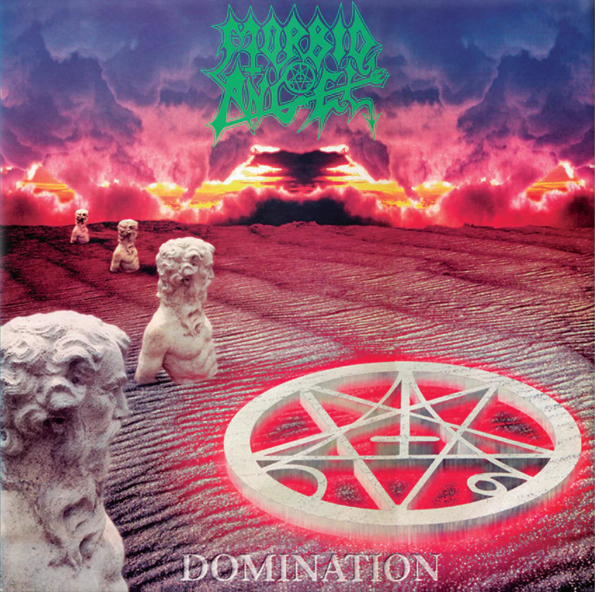 Album cover with statues, pentagram, and 'Morbid Angel' text against a dramatic sky.