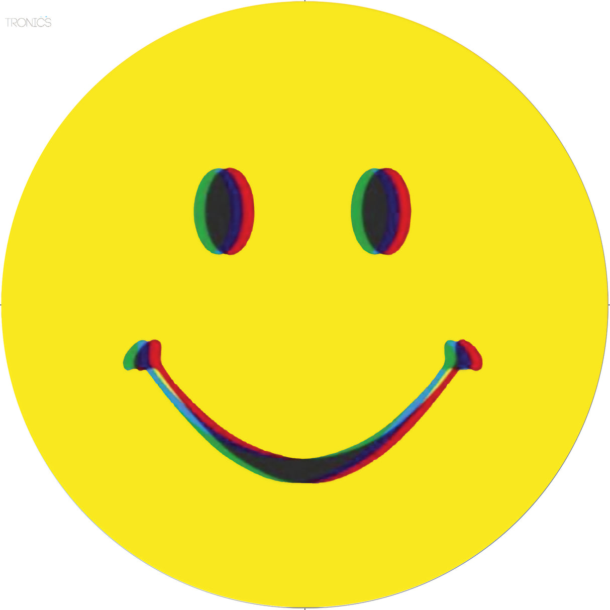Yellow circle with a smiley face featuring rainbow-colored eyes and mouth on a white background