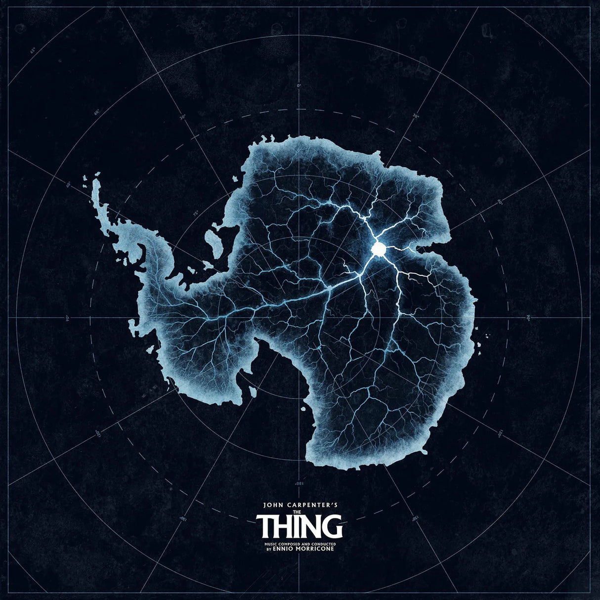 Map of Antarctica with a stylized design on a dark background, featuring the text 'John Carpenter's The Thing'.