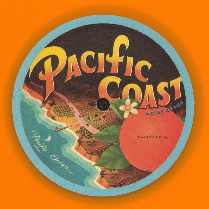 Vintage-style label with 'Pacific Coast' branding on an orange background