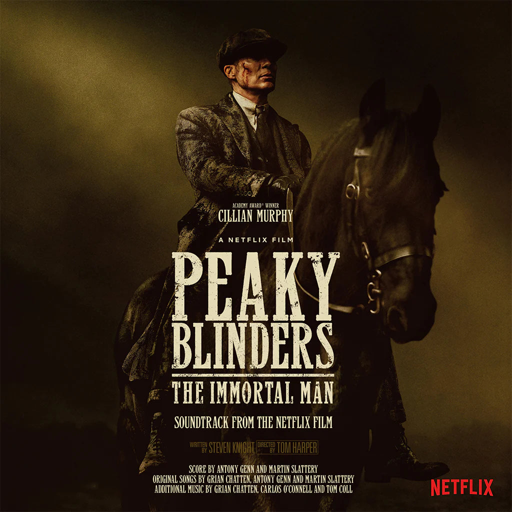 Promotional poster for 'Peaky Blinders: The Immortal Man' soundtrack featuring a character on horseback with Netflix logo.