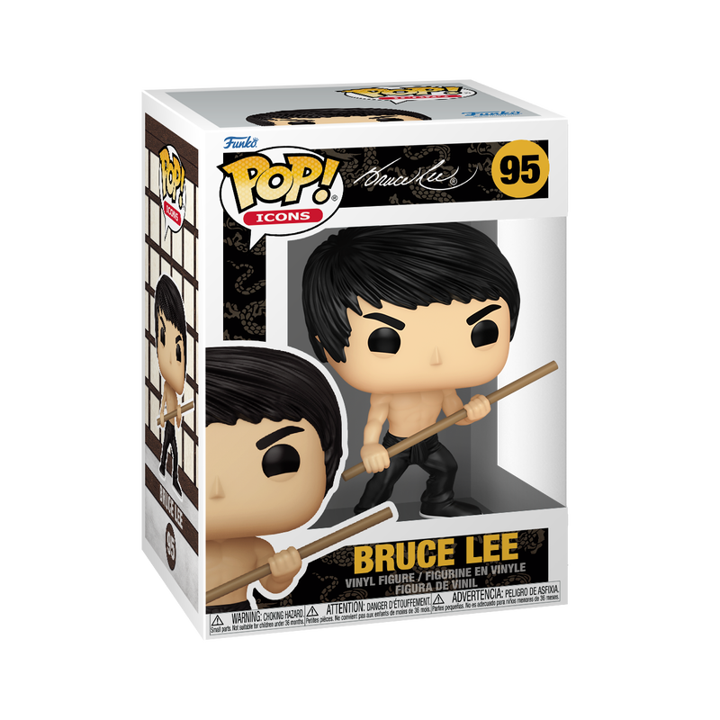 Funko Pop! vinyl figure packaging featuring Bruce Lee with a white background