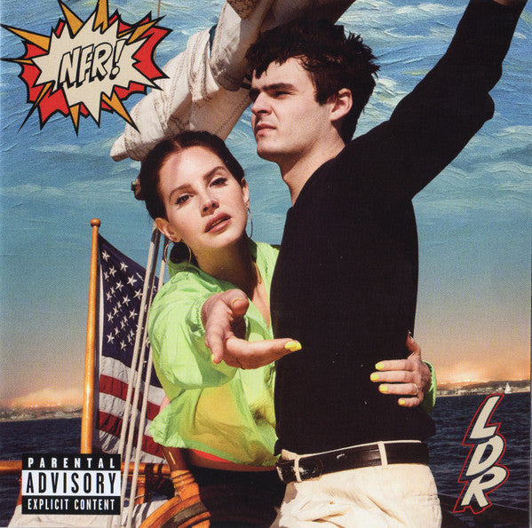 The image presents the cover art for Lana Del Rey's sixth studio album, "Norman Fucking Rockwell!" The cover features a vibrant and dynamic illustration of the artist and a male figure, possibly a member of her band or a friend, against a backdrop of a bright sky and a body of water, likely a sea or ocean. The title of the album appears prominently at the top in a bold, red font with a stylized exclamation mark, emphasizing the album's name.