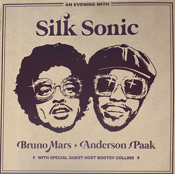 Album cover for Silk Sonic featuring illustrations of Bruno Mars and Anderson .Paak with the text 'An Evening With Silk Sonic' and track names.