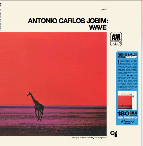 Antonio Carlos Jobim - Wave album cover featuring a giraffe on a red and orange background, with text indicating the album contains 18 tracks and is a CTI record.