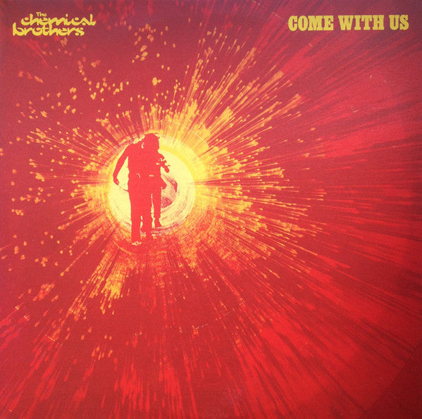 The image features the album cover for "Come With Us" by The Chemical Brothers. The artwork is striking with a vibrant, fiery red backdrop that seems to represent the album's energetic and dynamic vibe.