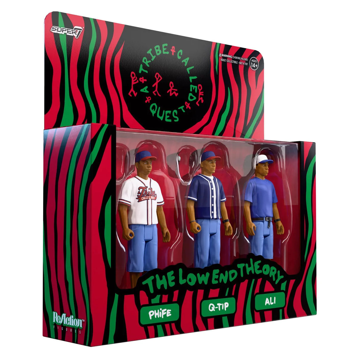 A boxed set of three collectible action figures in clear plastic window packaging, shown against a plain white background. The packaging has bold black, red, and green zebra-style graphics with the text 'A Tribe Called LOST' and 'THE LOW END THEORY.