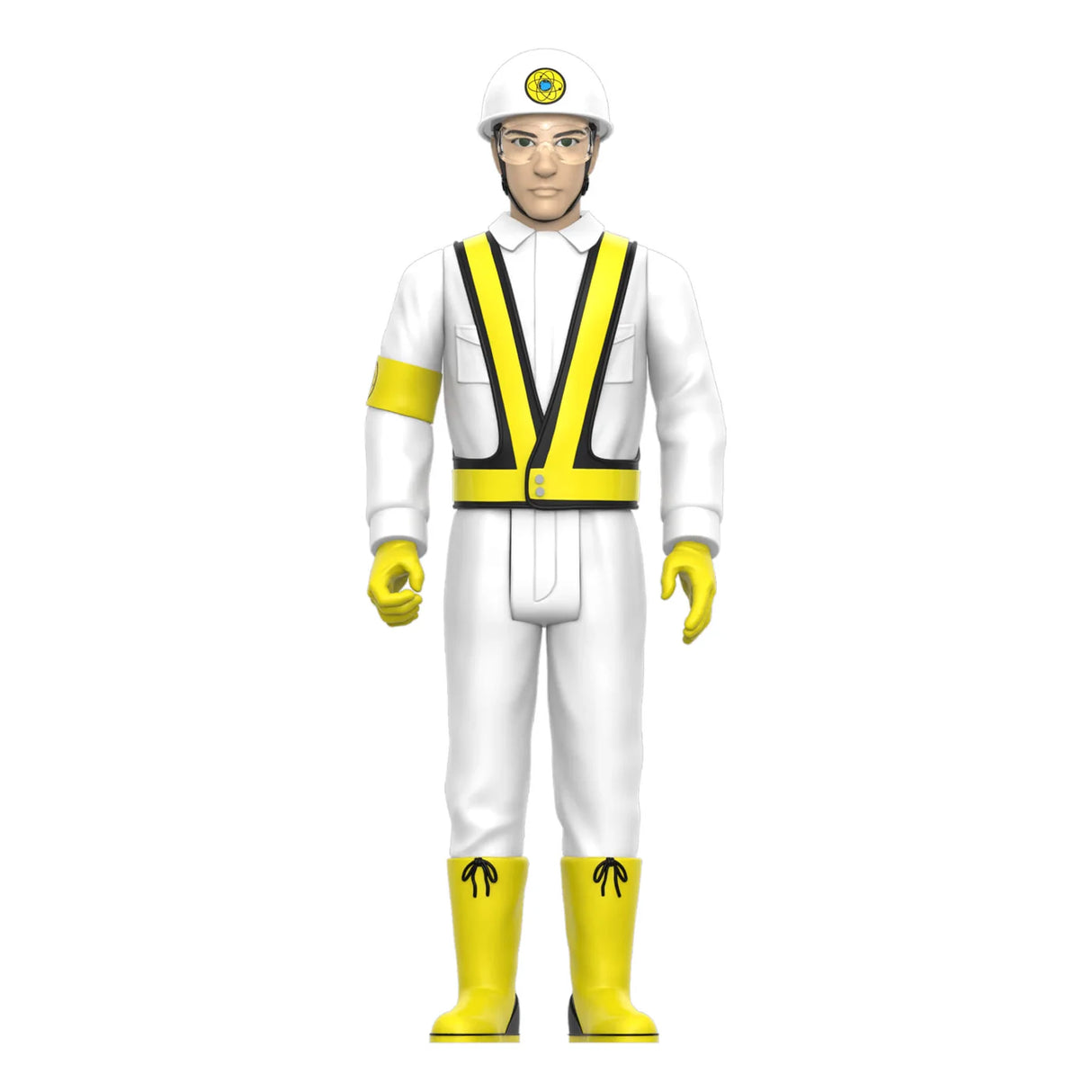 Person wearing a white safety suit with yellow accents on a white background