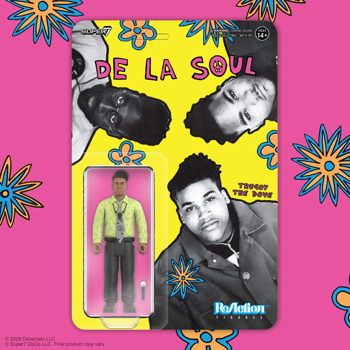 Action figure packaging for De La Soul on a pink background with floral designs