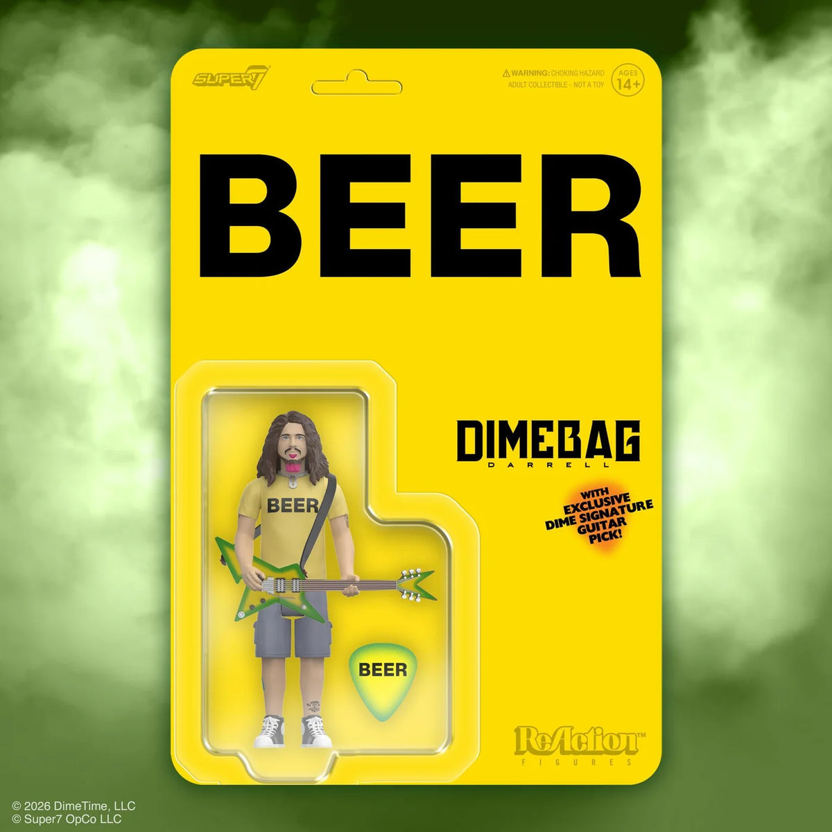 A Dimebag 'Beer' action figure in its original yellow cardback packaging, featuring a retro-style design with a green and black guitar accessory inside a clear window.