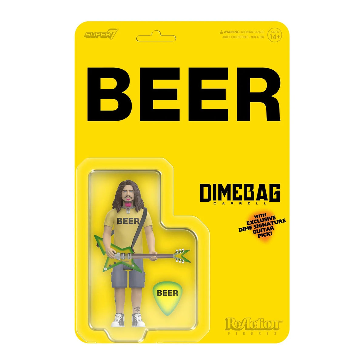 A Dimebag Brady action figure in its original yellow cardback packaging, featuring a green guitar and 'BEER' themed apparel.