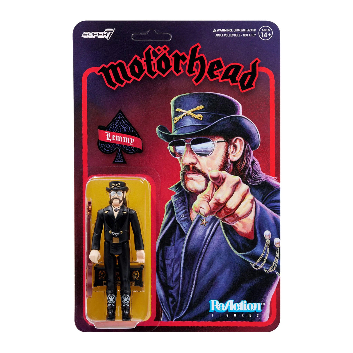A packaged action figure of Lemmy Kilmister from Motörhead wearing a cowboy hat and sunglasses, accompanied by a bass guitar and amp, on a 'Motörhead' branded card.