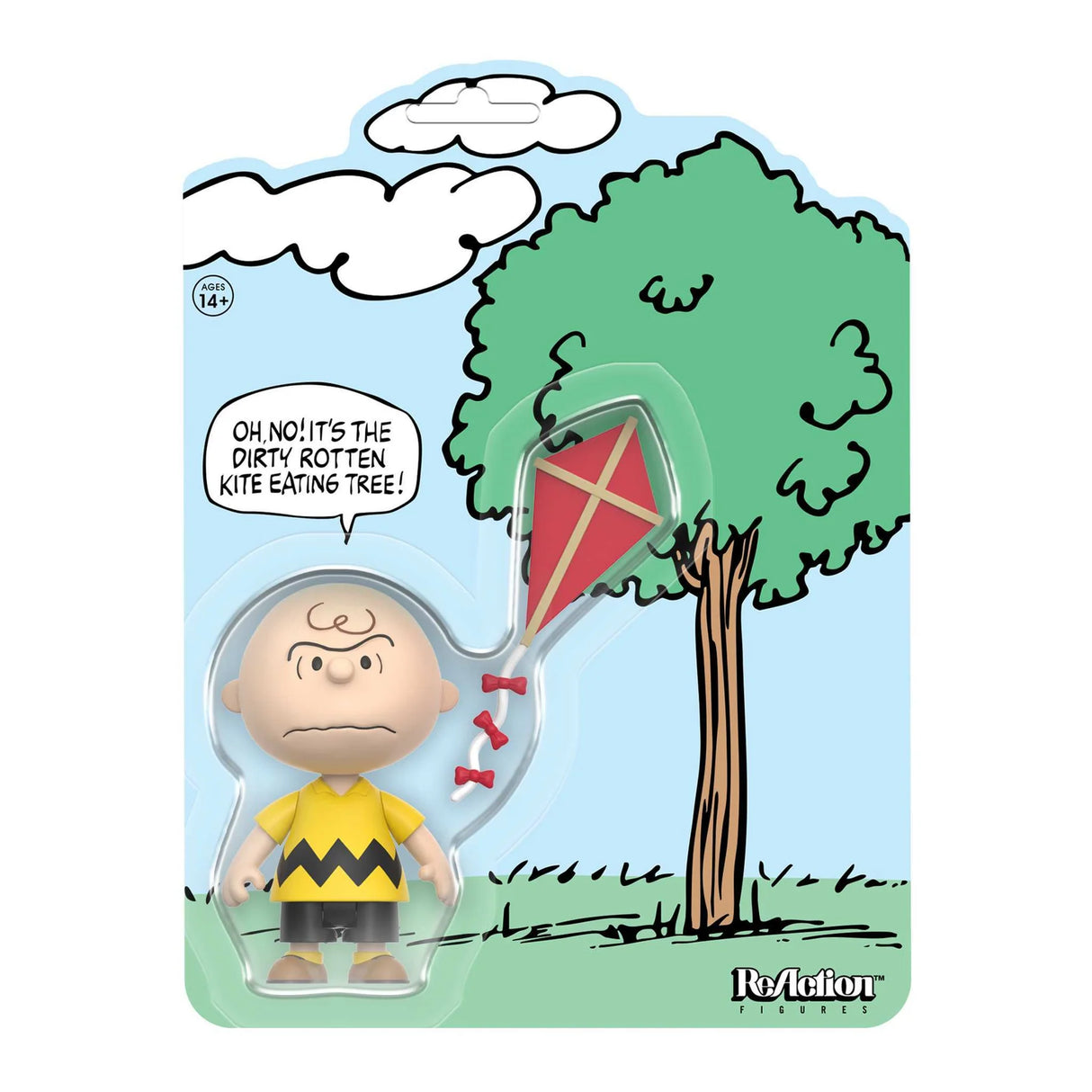 Action figure packaging with a character and tree, featuring a kite and speech bubble.