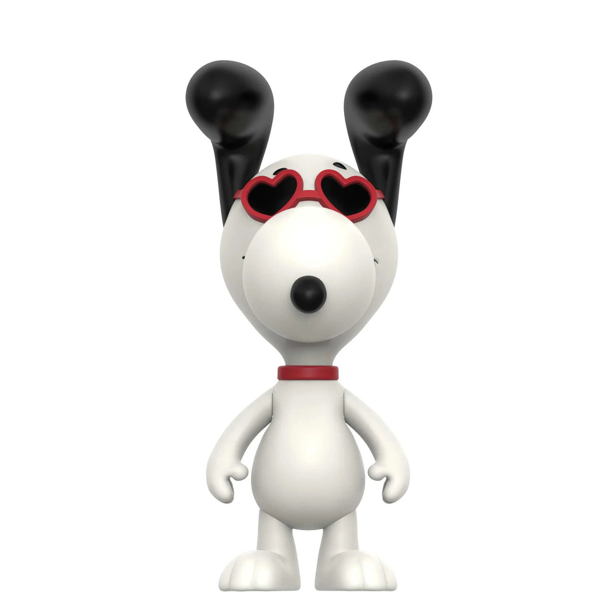 Cartoon dog figure with black ears and heart-shaped sunglasses on a white background