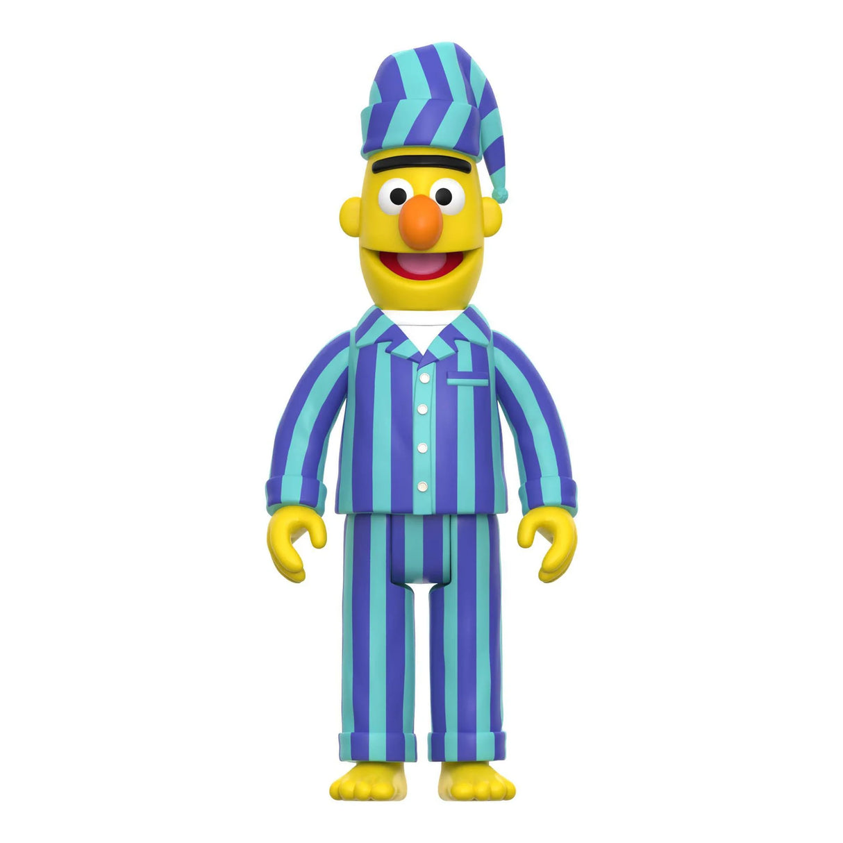 Sesame Street character in blue and purple striped pajamas on a white background