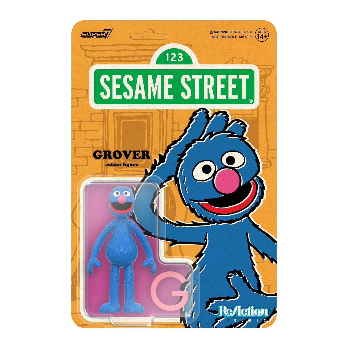 Sesame Street Grover action figure packaging with Sesame Street sign in the background