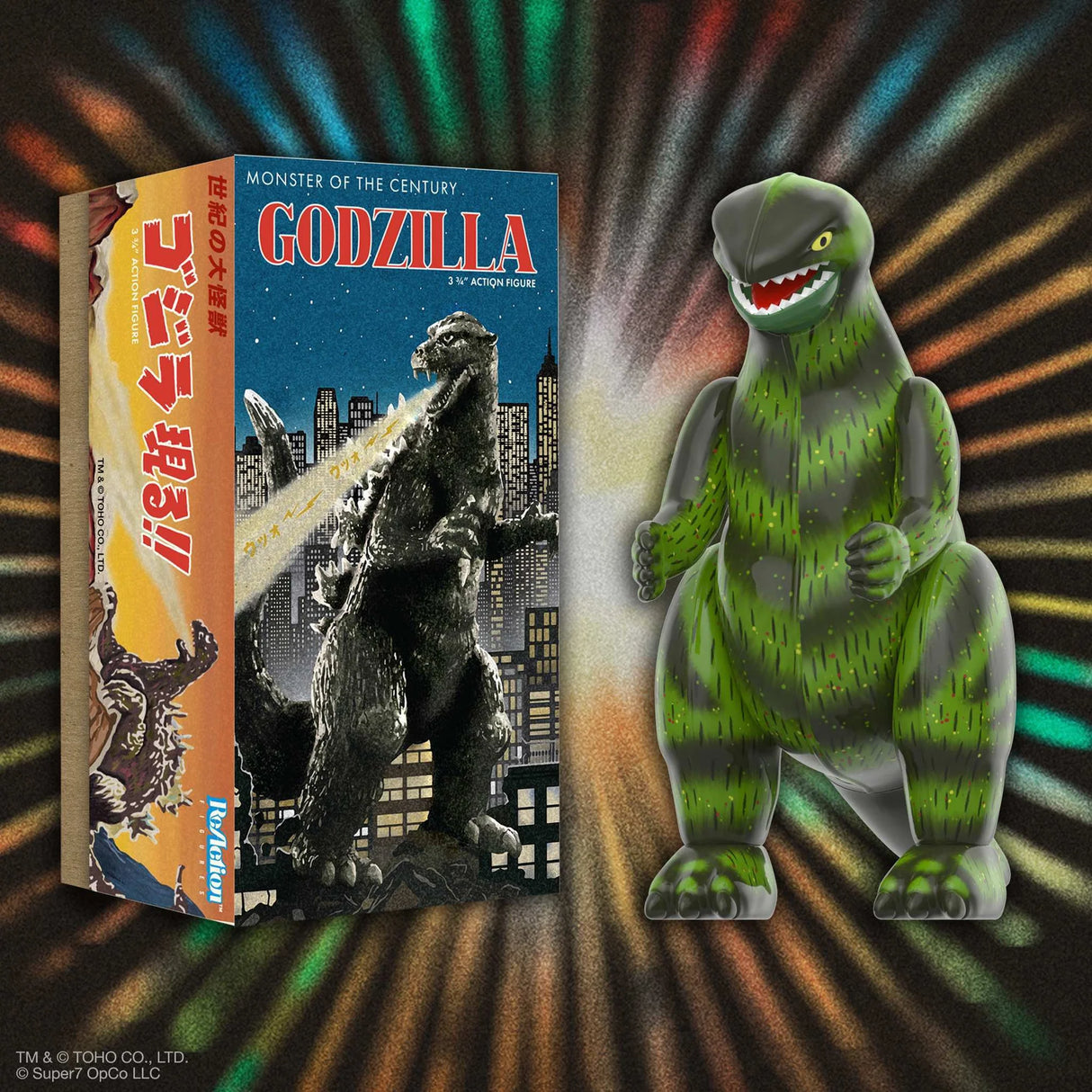 Godzilla action figure with packaging against a colorful, abstract background