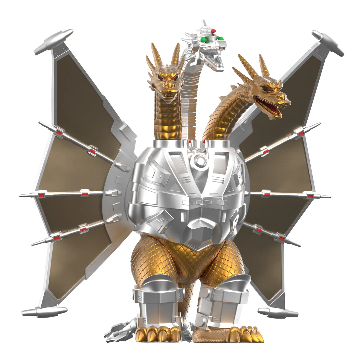 Metallic dragon-like creature with mechanical elements on a white background