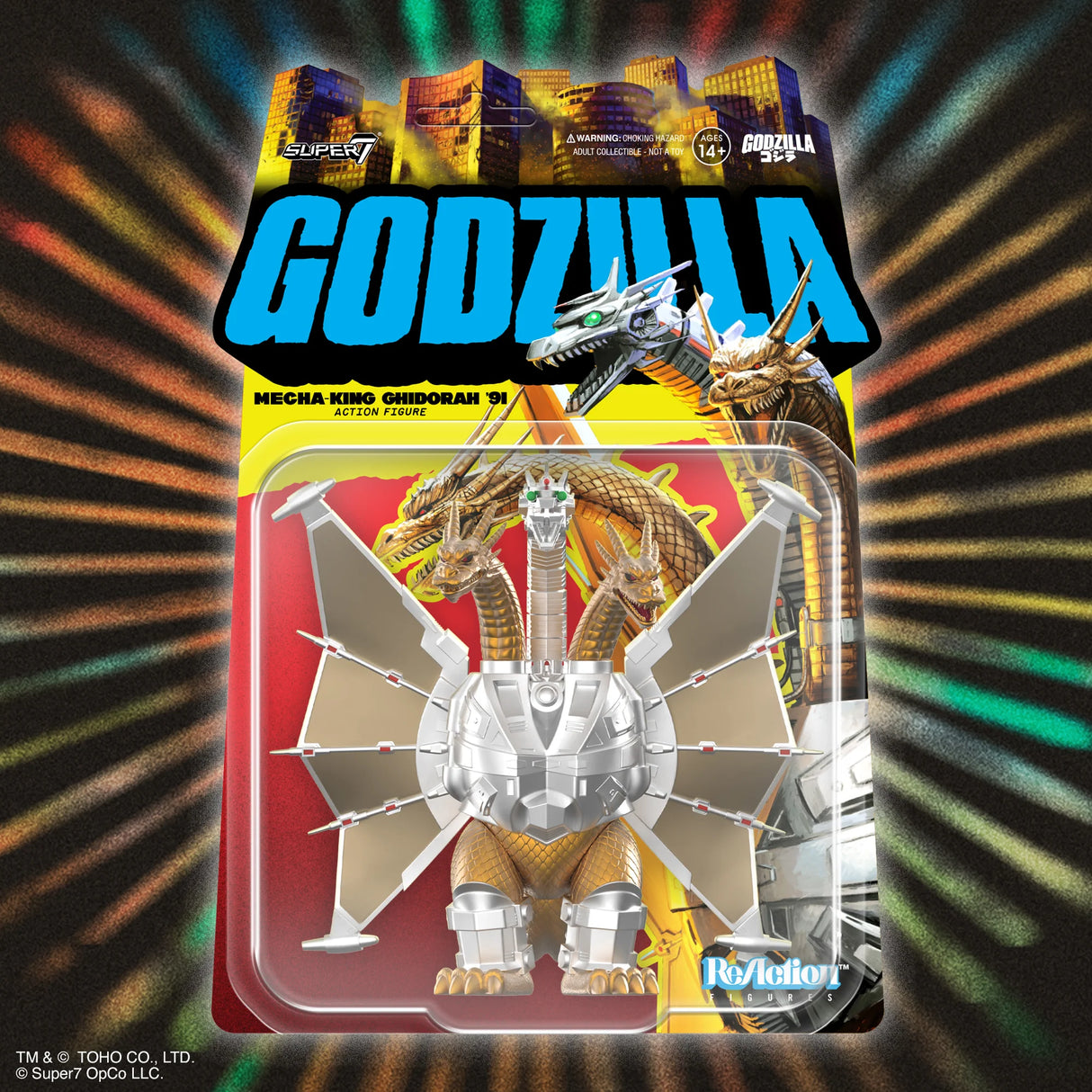 Godzilla action figure in packaging with colorful background