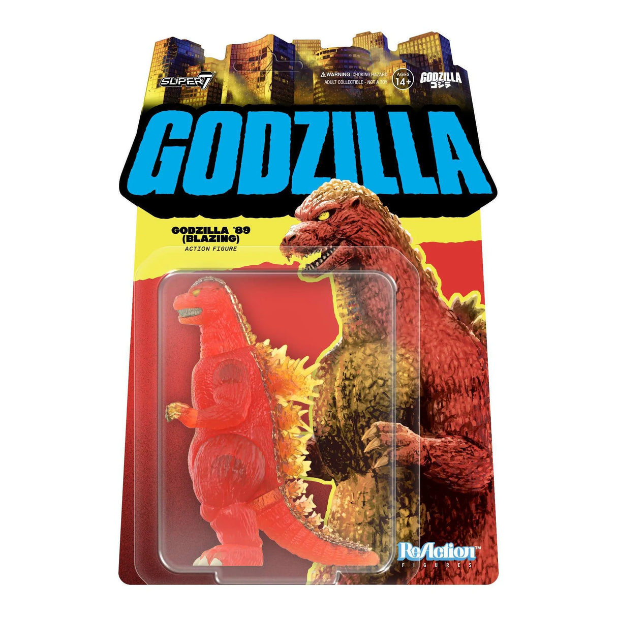 Godzilla action figure in packaging with cityscape background