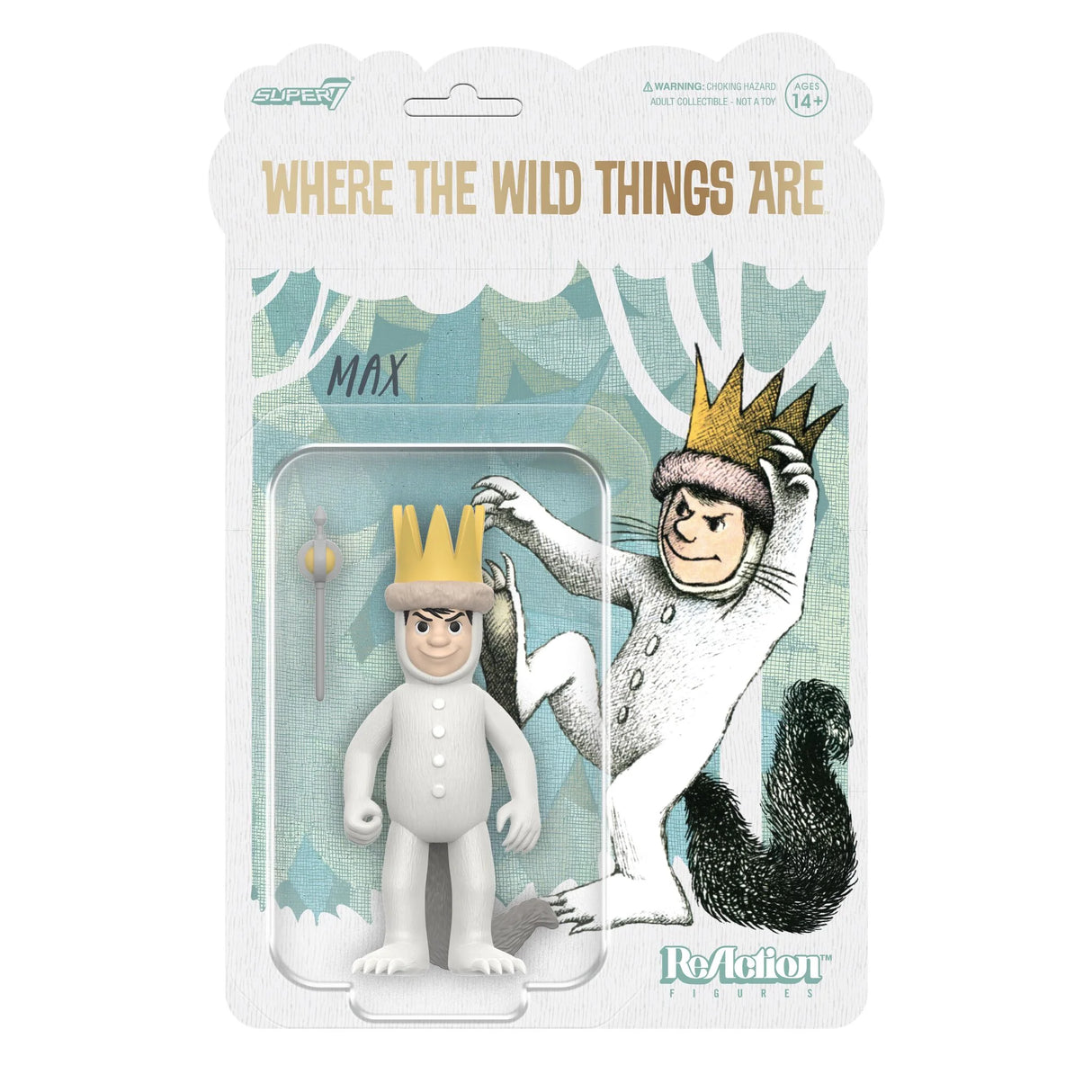 Packaged toy figure of Max from 'Where the Wild Things Are' with a crown, in front of a forest background.
