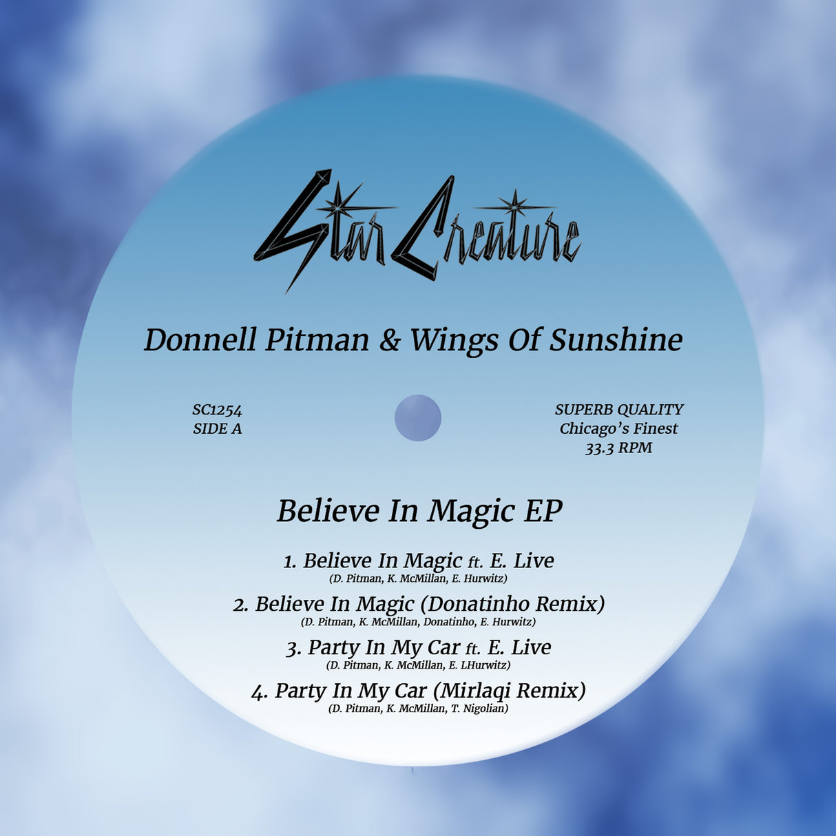 A circular CD-style album cover for 'Believe In Magic EP' by Donnell Pitman & Wings Of Sunshine, with the Star Creature brand logo at the top, track list below, and a soft blue cloudy background.