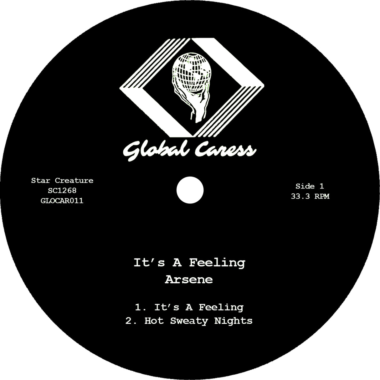 Vinyl record label with 'Global Caress' branding and track listing.