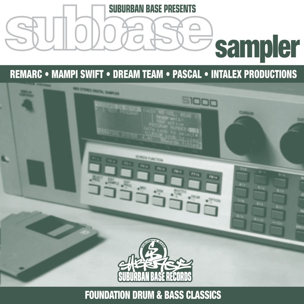 Album cover for 'subbase sampler' featuring a vintage sampler and floppy disk with Suburban Base Records branding.