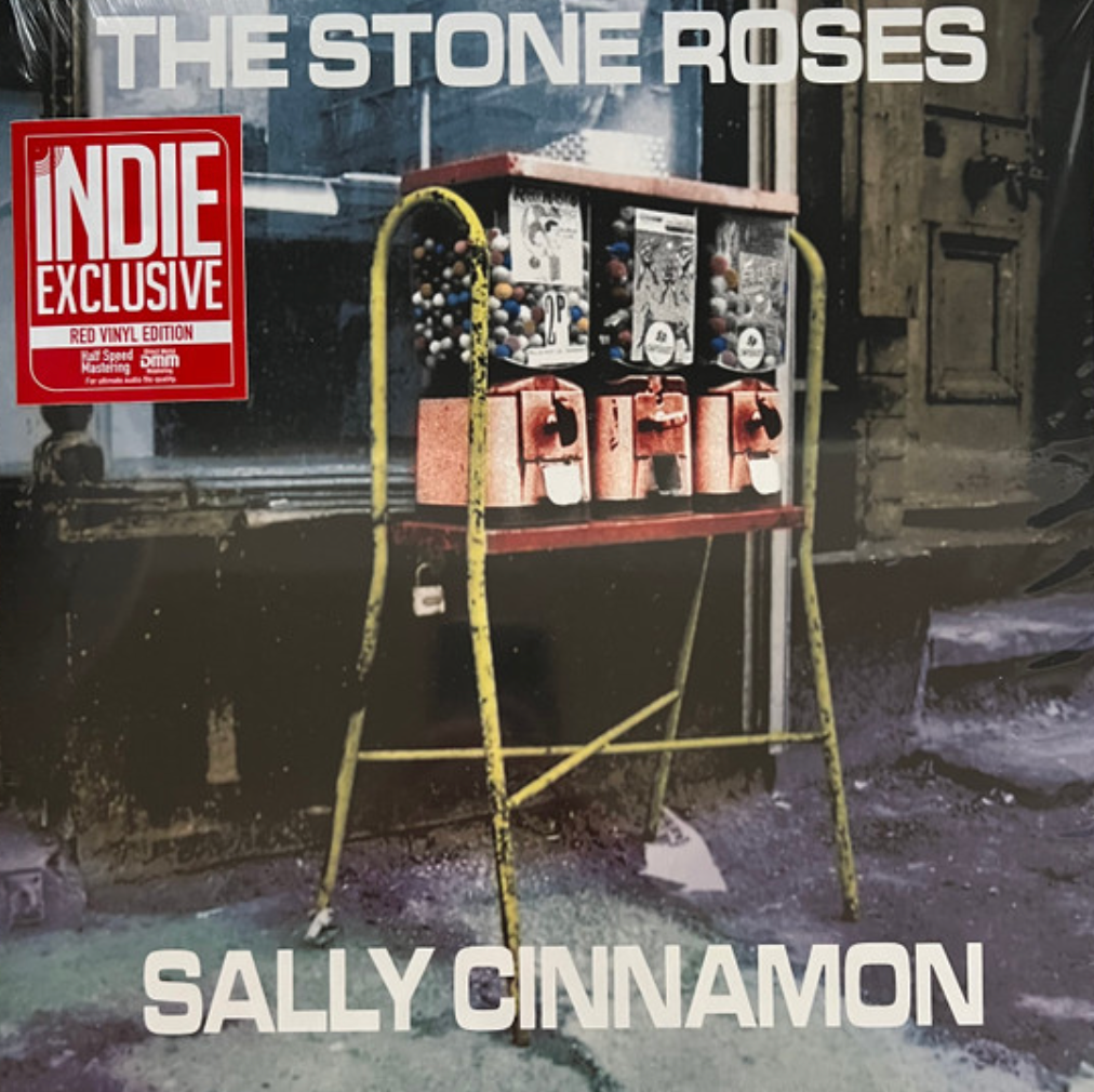 The Stone Roses - Sally Cinnamon EP record with a yellow stand and red detailing, in a sleeve featuring the band name and album title.