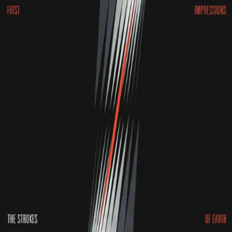 The product image shows the cover of 'First Impressions Of Earth' LP by The Strokes. The cover has a dark background with a diagonal red line and white text.