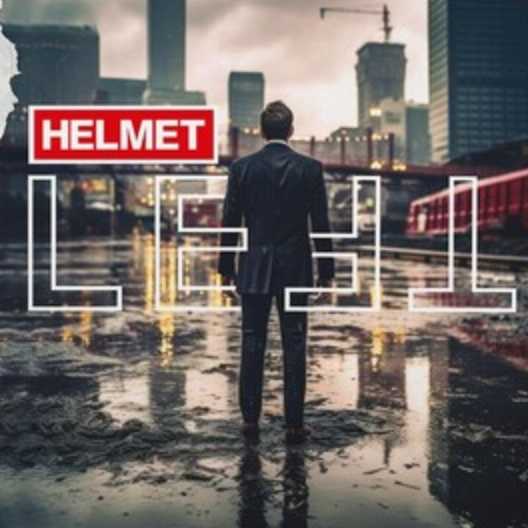 Album cover featuring a man in a suit standing near a body of water at dusk with a cityscape in the background, under a grey sky with the text 'Helmet' and the album title 'LEFT' prominently displayed.
