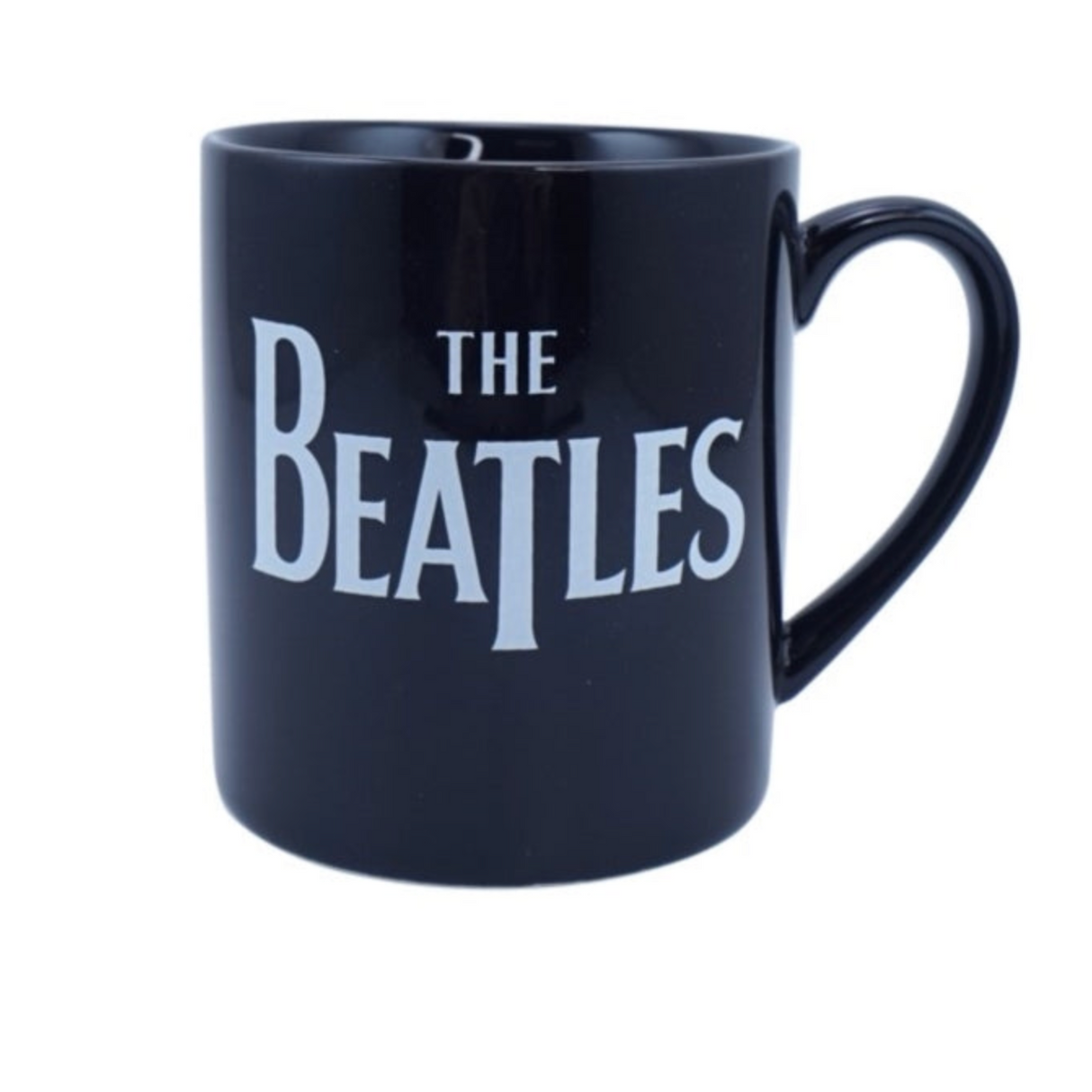 A black mug with 'The Beatles' logo in white text on the side.