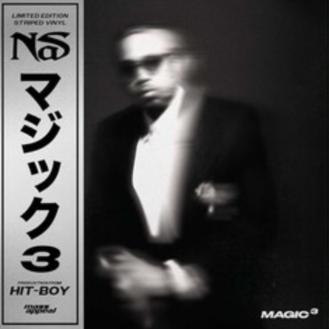 Limited edition colored vinyl record of Nas' seventeenth studio album, Magic 3, featuring a monochrome photograph of Nas on the cover.