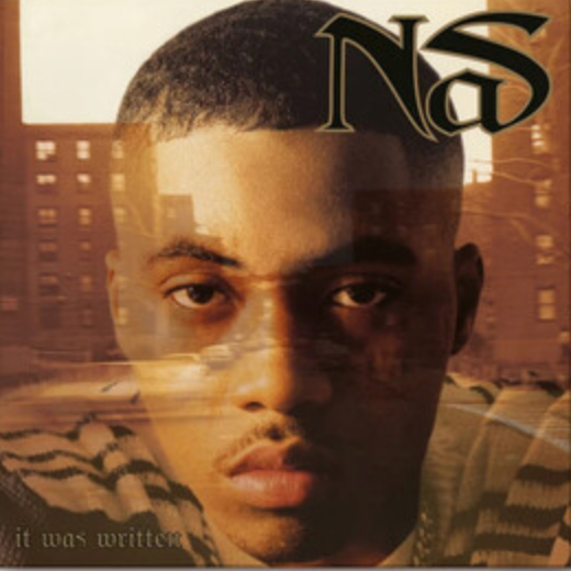 Limited edition gold and black marble colored vinyl record of Nas's album 'It Was Written'. The album cover features a close-up image of Nas.