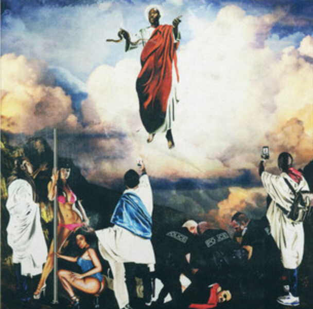 Album cover art for Freddie Gibbs' You Only Live 2wice featuring a colorful illustration with a figure resembling Jesus ascending into the sky, surrounded by people on a cloud background.