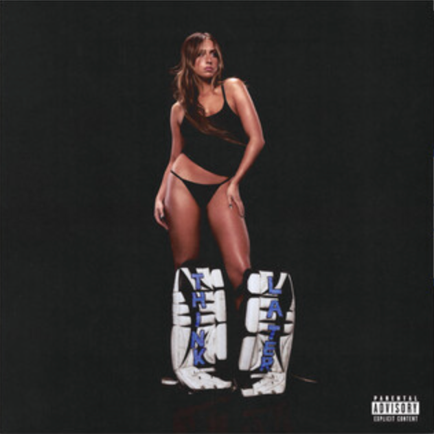 The image features the cover of the album "Think Later" by Tate McRae. Tate is depicted in a poised stance, wearing a sleeveless top and posing with a pair of large, white, protective gear which is positioned to her left, partially covering her lower body.