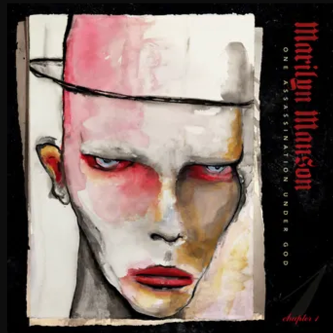 Marilyn Manson album cover art for 'One Assassination Under God - Chapter 1' featuring a stylized illustration of Manson with a pink and white color scheme.