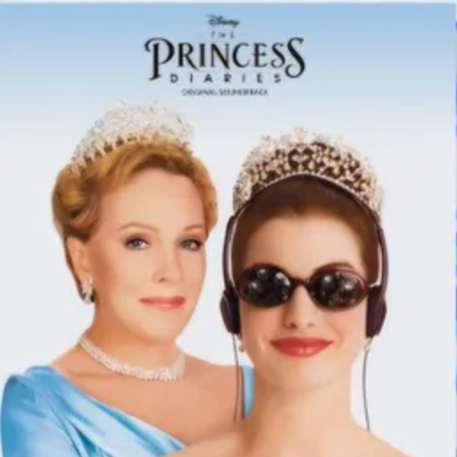 A vinyl LP cover featuring characters from the movie 'The Princess Diaries' with a clear/blue splatter design.