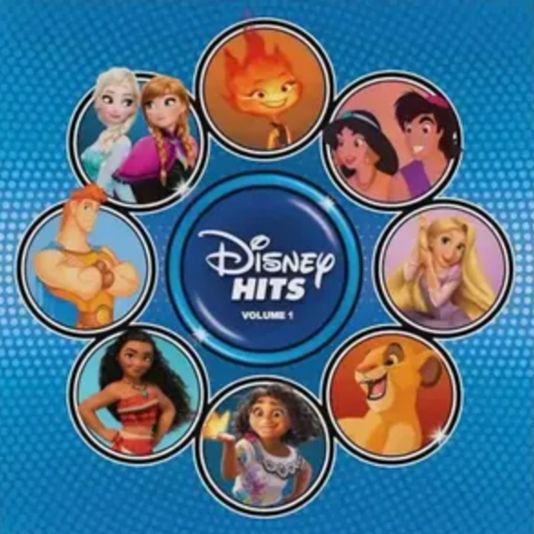 A vinyl LP cover for Disney Hits Volume 1, featuring images of various Disney characters in a circular pattern.