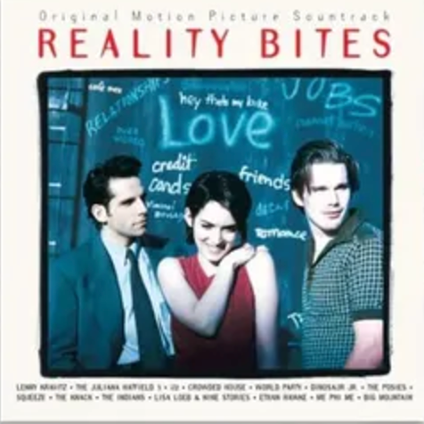 Album cover for 'Reality Bites Soundtrack' featuring three male characters from the movie with a background of a graffiti-covered wall, alongside a list of song titles.
